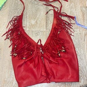 Supple leather red handmade fringe  and beaded halter REVOLVE FESTIVAL PARTY